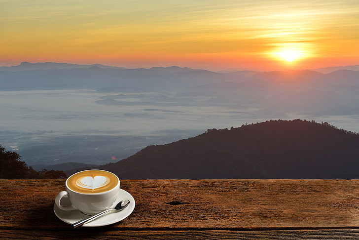 amanecer, café, mañana, taza, caliente, taza de café, buenos días, Fondo de pantalla HD