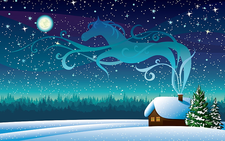 Winter Night Starry Sky Full Moon Wooden House Drawing For Christmas Uhd Wallpapers 2880×1800, HD wallpaper