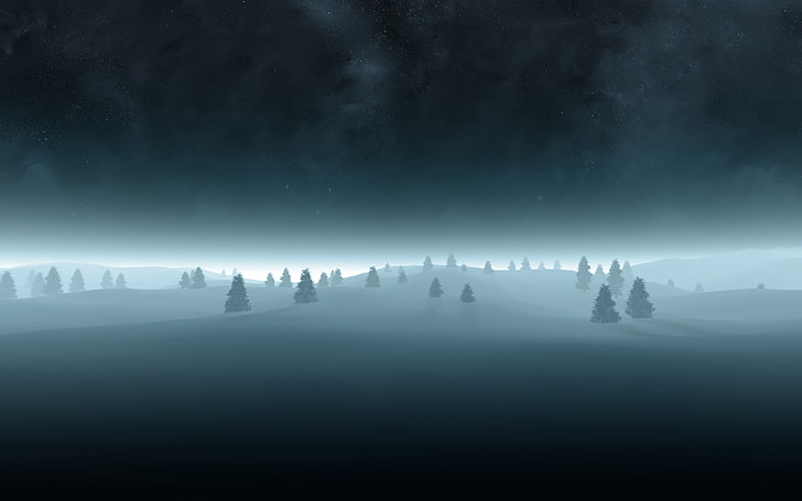 grey desert wallpaper, trees, fir-trees, snow, outlines, gloomy, fog, darkness, HD wallpaper