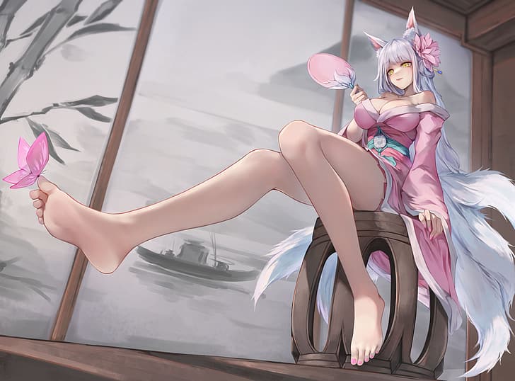 Anime, Anime Girls, Beine, Füße, Schmetterling, Fuchsohren, Fuchsschwanz, lange Haare, HD-Hintergrundbild