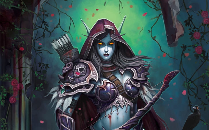 World of Warcraft Компьютерная игра WoW elf Lady Sylvanas Windrunner броня с бантом стрелки цветы розы ночная фантазия Обои HD 3840 × 2160, HD обои