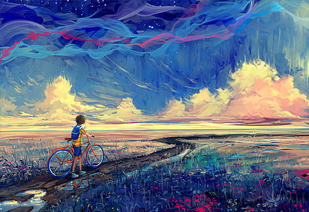 anime scene wallpaper, bicycle, artwork, fantasy art, painting, HD wallpaper HD wallpaper