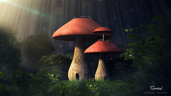 black and red table lamp, fantasy art, nature, trees, forest, mushroom, sun rays, triangle, circle, leaves, digital art, HD wallpaper