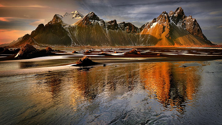 plan d'eau, nature, paysage, eau, nuages, Islande, mer, montagnes, sable, pic enneigé, réflexion, côte, Fond d'écran HD