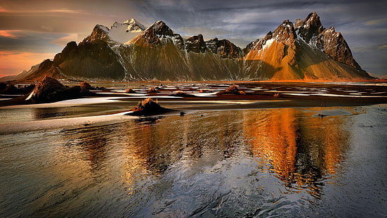 spo d'acqua, natura, paesaggio, acqua, nuvole, Islanda, mare, montagne, sabbia, picco nevoso, riflesso, costa, Sfondo HD HD wallpaper