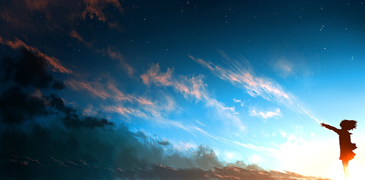 niebo, chmury, dziewczyny z anime, Tapety HD