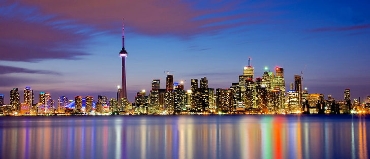 Toronto, ville, paysage urbain, réflexion, architecture, lumières, ciel, coloré, Fond d'écran HD
