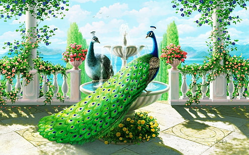 طيور ، طاووس ، فني ، ألوان ، أعمدة ، زهرة ، رسم، خلفية HD HD wallpaper