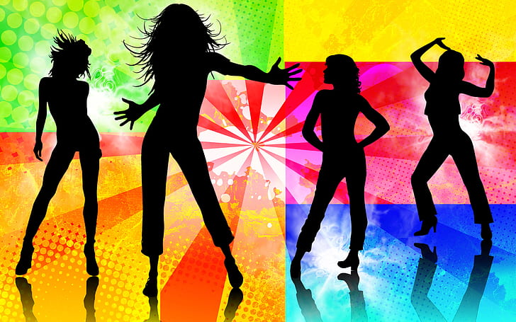 Dancing Babes, 4 woman silhouette illustration, dancing, babes, HD wallpaper