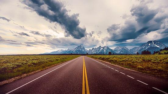camino de hormigón gris, carretera, asfalto, paisaje, nubes, campo, naturaleza, Fondo de pantalla HD HD wallpaper