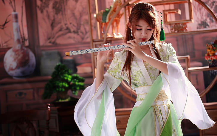 Vacker kinesisk flicka, musik, flöjt, vacker, kinesisk, flicka, musik, flöjt, HD tapet
