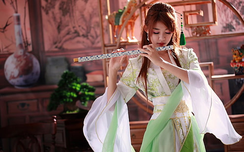 Красиво китайско момиче, музика, флейта, красиво, китайско, момиче, музика, флейта, HD тапет HD wallpaper