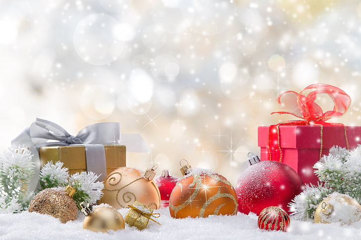 assorted-color gift boxes and baubles, new year, Christmas, merry christmas, HD wallpaper