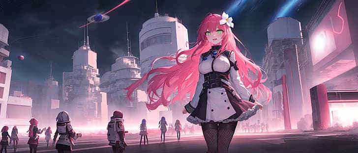 AI art, pink hair, Anima (Suicide GIrls), starred sky, HD wallpaper