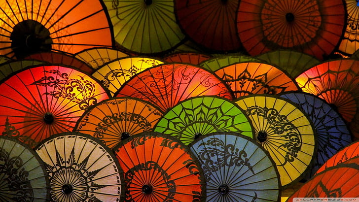 Японски чадър, хартиени чадъри, цветни, японски чадър, хартиени чадъри, цветни, HD тапет