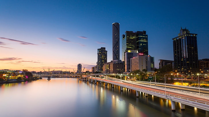 high-city buildings, Australia, Brisbane, city, cityscape, skyscraper, river, reflection, sunset, HD wallpaper