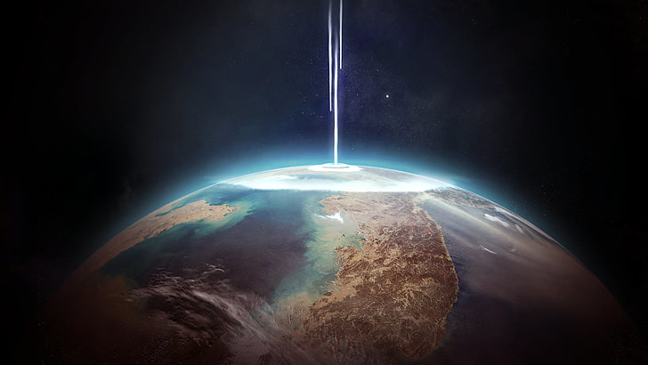 kometa uderzająca w warstwę ozonową Ziemi, tapeta cyfrowa, przestrzeń, Ziemia, planeta, sztuka cyfrowa, science fiction, sztuka kosmiczna, gwiazdy, Tapety HD