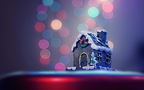 miniatura della casa nera e grigia, Natale, casa, torta, bokeh, luci di natale, Sfondo HD HD wallpaper
