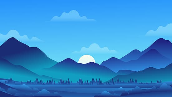 ilustraciones, minimalismo, montañas, luna, noche, nubes, árboles, Fondo de pantalla HD HD wallpaper