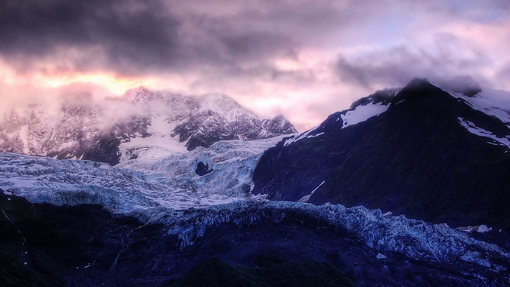gunung yang tertutup salju saat siang hari, pemandangan, gunung, awan, salju, alam, gletser, langit, sinar matahari, Wallpaper HD
