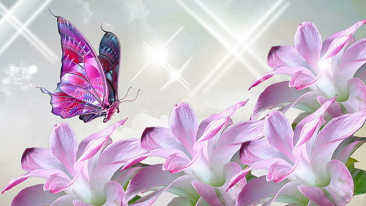 Devine, purple and pink butterfly on pink petaled flower, firefox persona, stars, sparkles, floral, lavender, butterfly, pink, flowers, 3d and abstract, HD wallpaper