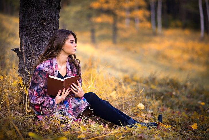 women's pink and purple top, autumn, girl, reverie, tree, book, HD wallpaper