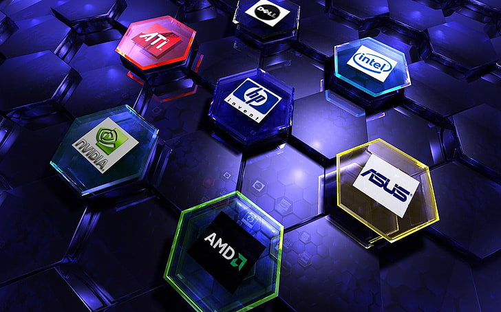 HP, Asus, Dell, Intel, ATi, Nvidia, and AMD logos, AMD, Nvidia, Intel, ASUS, HD wallpaper