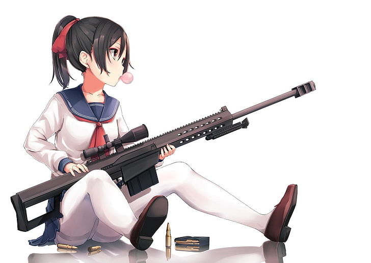anime, anime girls, bubblegum, skirt, long hair, black hair, red eyes, sniper rifle, weapon, gun, HD wallpaper