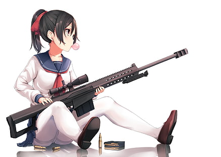 аниме, аниме девушки, жвачка, юбка, длинные волосы, черные волосы, красные глаза, снайперская винтовка, оружие, пистолет, HD обои HD wallpaper
