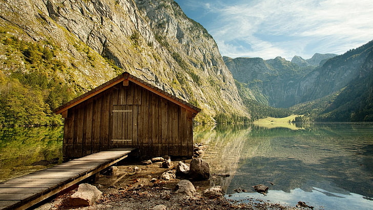 brown cabin, nature, mountains, lake, cabin, Canada, HD wallpaper