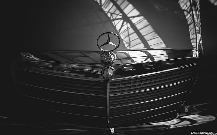 Mercedes Logo BW Grill HD, mercedes benz car argento, auto, bw, mercedes, logo, grill, Sfondo HD