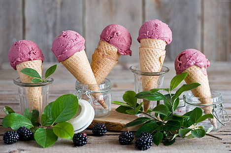 fruit, blackberry, ice cream, food, leaves, summer., HD wallpaper HD wallpaper