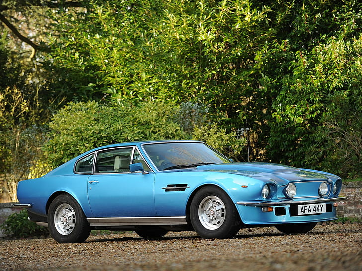 Aston martin, V8, Vantage, 1977, Blue, Side view, Cars, Trees, HD wallpaper