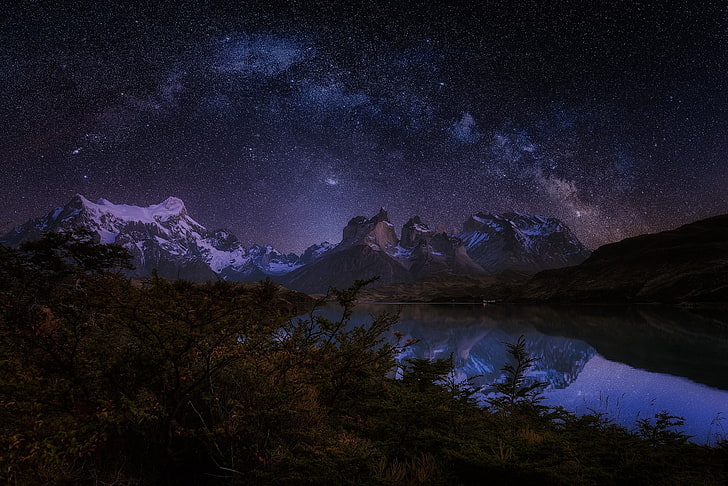 alpine mountain, photography, nature, landscape, mountains, lake, trees, shrubs, snowy peak, starry night, Milky Way, galaxy, long exposure, torres del paine national park, Patagonia, Chile, space art, reflection, water, snow, HD wallpaper