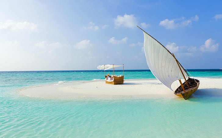 壁紙モルディブ、ビーチ、熱帯、海、砂、島、ボート、夏2560×1600、 HDデスクトップの壁紙