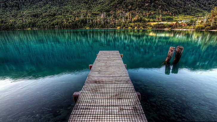 water, calm, stones, nature, forest, reflection, HDR, lake, wooden surface, wood, landscape, trees, pier, HD wallpaper