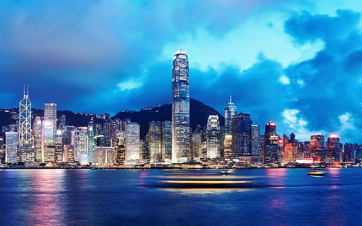 Хонконг, Китай, силует, Хонконг, Китай, град, Skyline, светлини, Море, река, Нощ, кораби, Сгради, небе, облаци, Природа, HD тапет