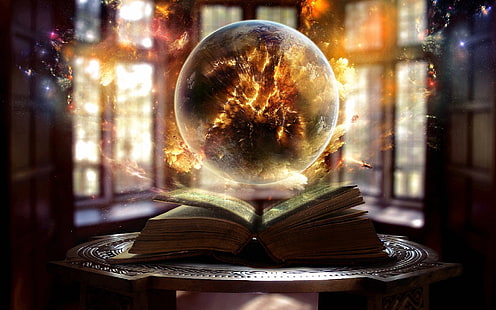 aufgeschlagenes Buch, Buch, Kugel, Magie, Zauberei, HD-Hintergrundbild HD wallpaper