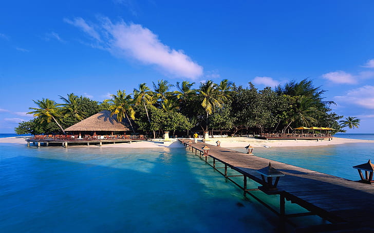 Maldiverna Island Beach Bridge House Trees Sky Sea 2560 × 1600, HD tapet