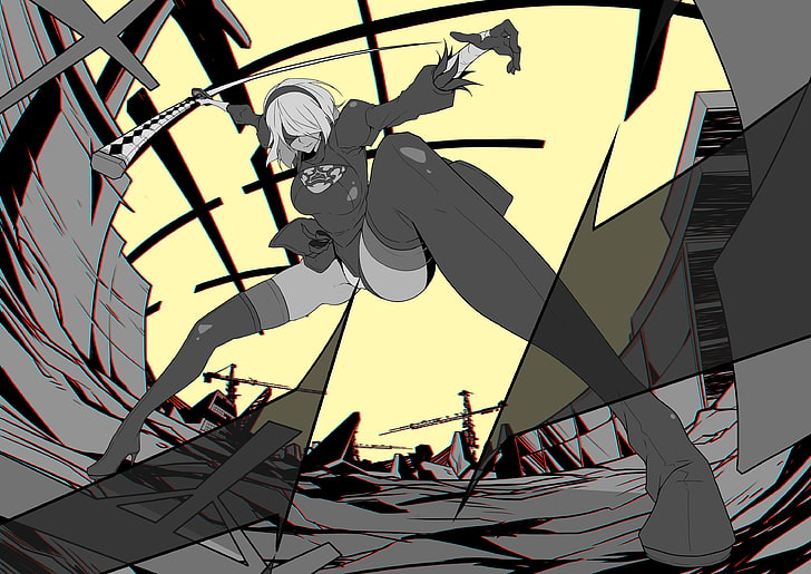illustration de personnage féminin, NieR, Nier: Automata, 2B (Nier: Automata), katana, Fond d'écran HD