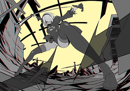 illustration de personnage féminin, NieR, Nier: Automata, 2B (Nier: Automata), katana, Fond d'écran HD HD wallpaper