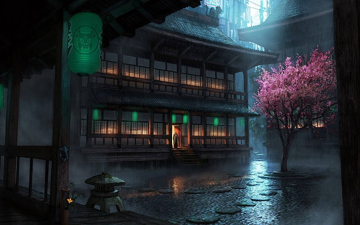 osoba stojąca przed domem z tapetą z drzewem Sakura, różowe drzewo obok szaro-brązowego budynku, The Secret World, Seul, fantasy art, krajobraz, deszcz, miasto fantasy, anime, dom, latarnia, ciemność, drzewa, Azja, Tapety HD