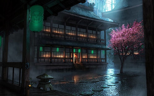 osoba stojąca przed domem z tapetą z drzewem Sakura, różowe drzewo obok szaro-brązowego budynku, The Secret World, Seul, fantasy art, krajobraz, deszcz, miasto fantasy, anime, dom, latarnia, ciemność, drzewa, Azja, Tapety HD HD wallpaper
