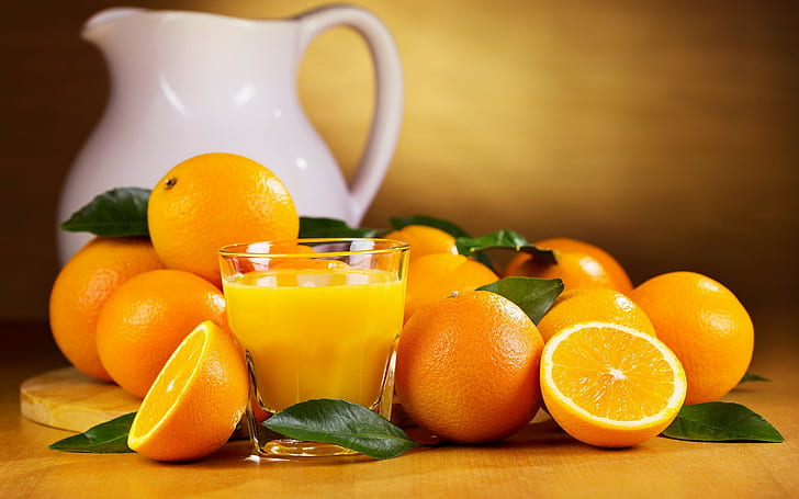 Naranjas, frutas y jugo de naranja, naranjas, cítricos, jarra, jugo de naranja, Fondo de pantalla HD