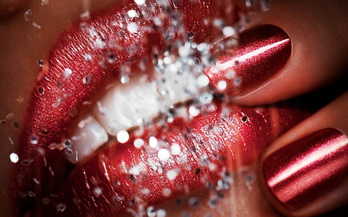 женский красный лак для ногтей, бухта, маникюр, блестки, зубы, HD обои HD wallpaper