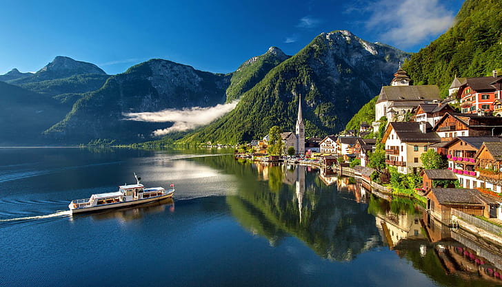 clouds, mountains, the city, lake, reflection, ship, home, Austria, Hallstatt, community, HD wallpaper