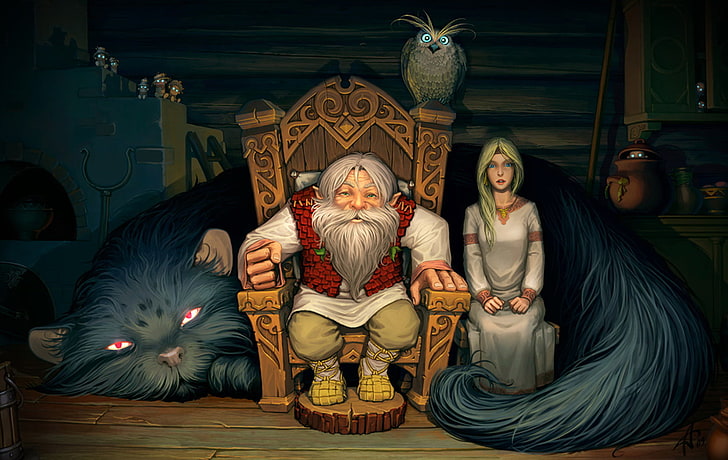 mężczyzna z kobietą siedzący na brązowym drewnianym krześle z gigantycznym szarym kotem na plecach tapeta cyfrowa, kot, sowa, bajka, folklor, ciasteczka, isiba, Lesovik, wnuczka, Tapety HD