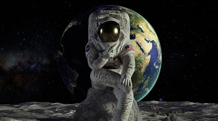 Astronauta sulla luna Vittoria, Spazio, Luna, Terra, Pace, Cosmo, Foto, Astronauta, vittoria, modellazione 3D, Cinema4D, VSign, Sfondo HD