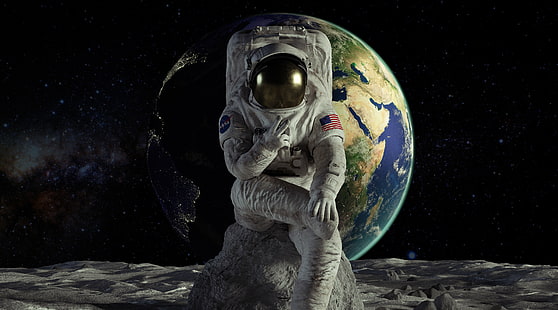 Astronauta na Księżycu Zwycięstwo, Kosmos, Księżyc, Ziemia, Pokój, Kosmos, Zdjęcie, Astronauta, zwycięstwo, Modelowanie 3D, Cinema4D, VSign, Tapety HD HD wallpaper