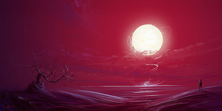 lua branca e ilustração de árvore nua, silhueta do homem em pé perto do corpo de pintura de água, arte de fantasia, ilustração, pôr do sol, bonsai, sol, vermelho, obra de arte, HD papel de parede